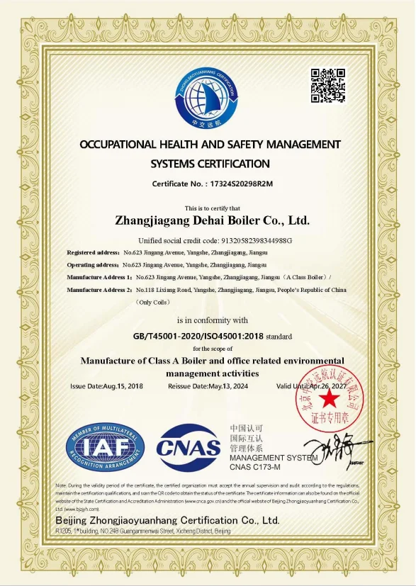DHB Boiler ISO 45001 Certificate for Occupational Health and Safety Management